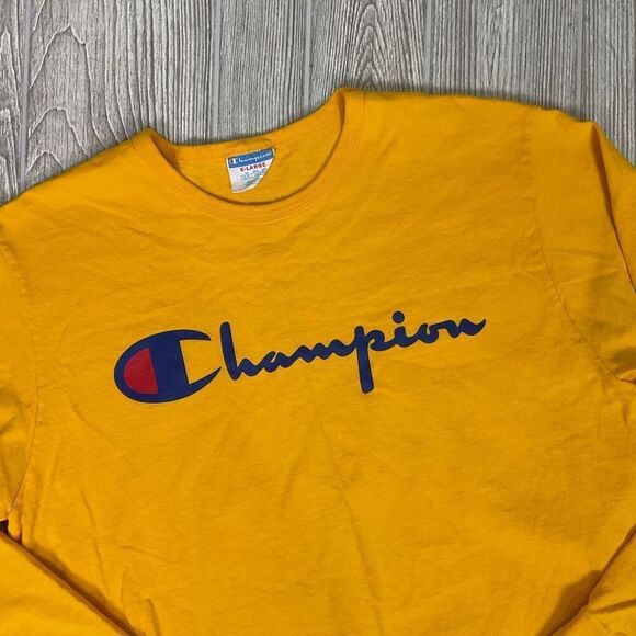 Vintage Champion Men's Size XL Yellow Long Sleeve Classic Logo T-Shirt Crewneck - Picture 5 of 8
